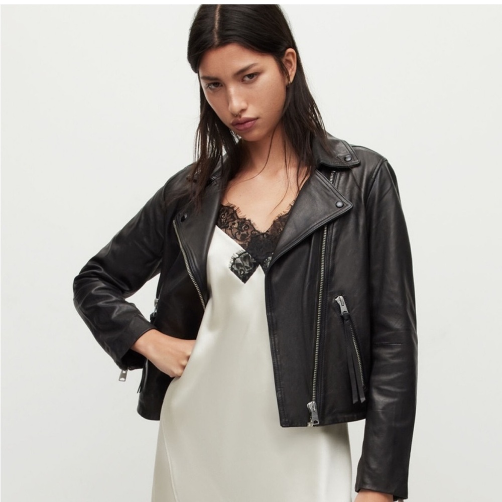 All Saints Dalby Slim Fit Leather Biker Jacket size 4